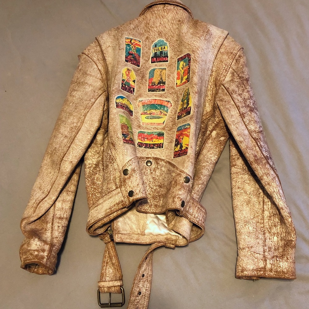 Vintage Distressed Leather Motorcycle Bomber Jacket with Americana Patches